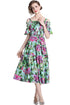 Runway Fashion Alluring Green Bellflower Print, Slash Neck, Elastic Waist, Ruffled Cocktail, Party Midi Dress